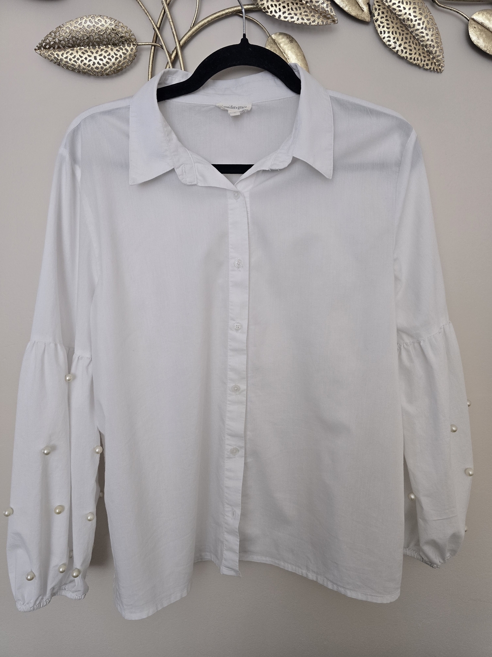 White Pearl-Sleeve Button-Down Blouse Size M Cotton